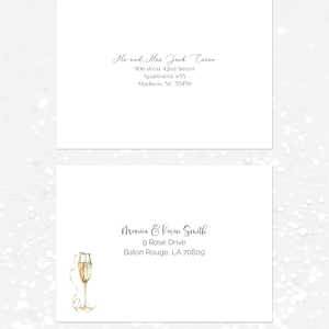 May include: Two white envelopes with elegant calligraphy. The top envelope reads "Mr. and Mrs. Jack Caron" with an address below. The bottom envelope has "Monica & Kevin Smith" and an address. A gold champagne glass illustration is on the bottom left.