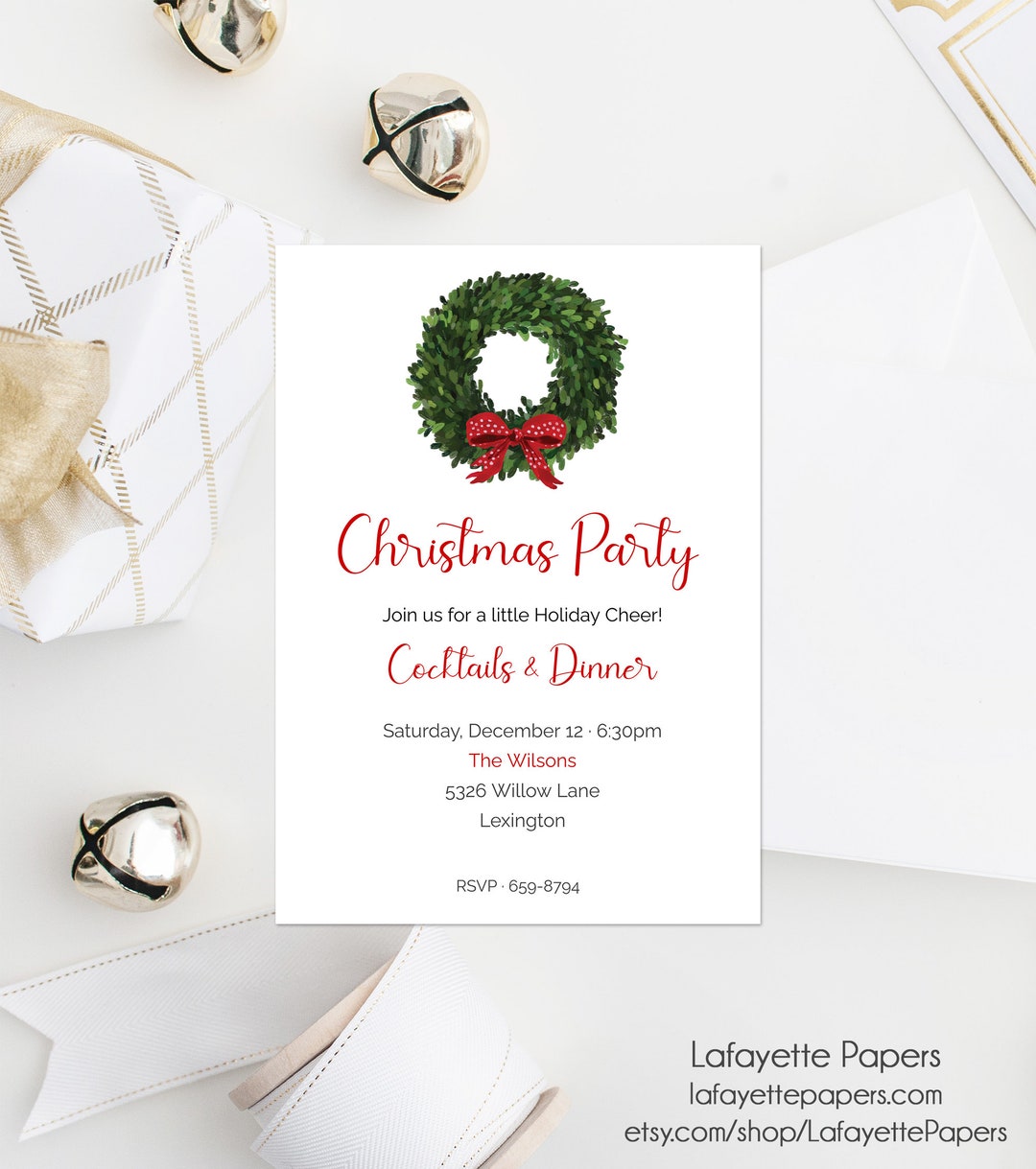 Editable Holiday Party Invitation, Print at Home, Boxwood Wreath Party