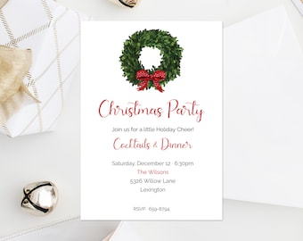 Editable Holiday Party Invitation, Print at Home, Boxwood Wreath Party Invitation Template, Christmas Party Invitation, Holiday Cocktail