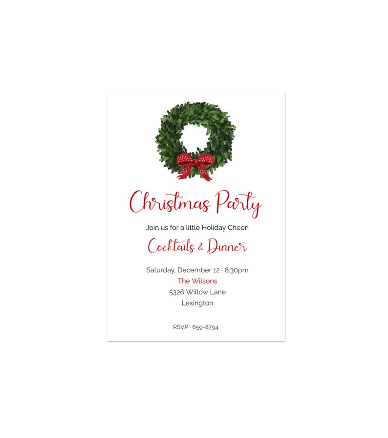 Editable Holiday Party Invitation, Print at Home, Boxwood Wreath Party