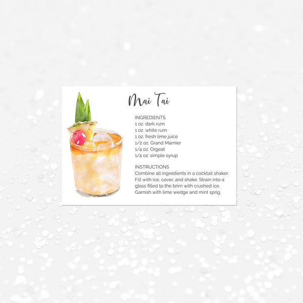 Editable Mai Tai  Recipe Card, Editable Cocktail Recipe Card, Mai Tai Card, Tropical Party, Rum, Print at Home Recipe Card, Download only