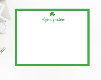 Shamrock Note Card Set, Personalized Note Cards with Kelly Green Border, St. Patrick's Day, Irish, SHAMROCK NOTE, 10-150 Flat Cards