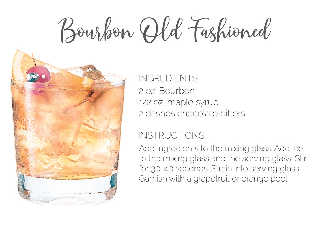 Cocktail Recipe Card, Old Fashioned Cocktail Recipe Card, Bourbon Old