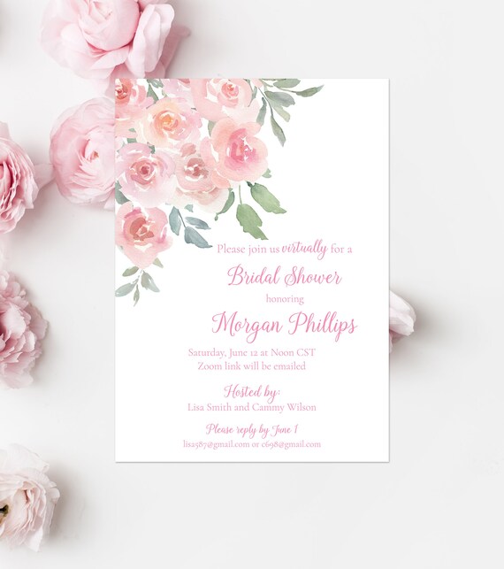 Pink Rose Bridal Shower Invitation Blush Pink Floral Bridal