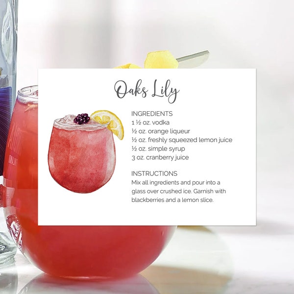 Kentucky Oaks Lily Cocktail Recipe Card, Printed Card 120lb. Stock, Kentucky Derby Party, Vodka Cocktail, Hostess Gifts, Oaks Lily Cocktails