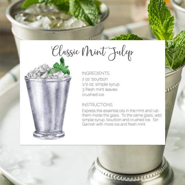 Mint Julep Cocktail Recipe Card, Printed Mint Julep Cocktail Recipe Card, Kentucky Derby Party, Printed  120lb Card Stock, Great Gift Tag