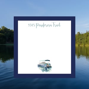May include: A navy blue card with white text that reads "9305 Ponderosa Trail". A watercolor illustration of a blue pontoon boat with a green canopy is in the bottom center of the card.