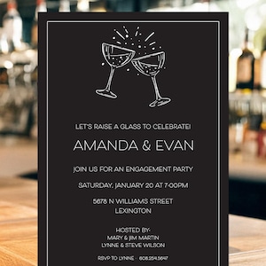 Engagement Party Invitation, Couples Shower Invitation, Cocktail Party Invitation, Champagne Glass, Toasting Champagne Glasses, Black, White