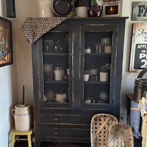 Primitive Farmhouse Pie Safe Two Drawers / 72" Tall / Extra Deep Shelf Option / Nylon Screen, Punched Tins, Raised Panel,Or Flat Panel Door