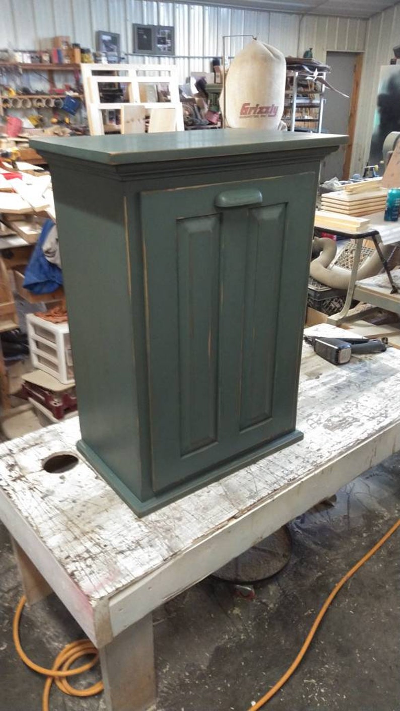 Primitive Trash Bin / Tilt Out / Raised Panel Door Cupboard Blue