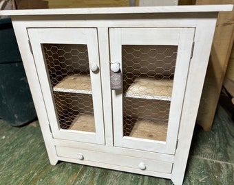 Vintage Farmhouse Pie Safe 36”T Cabinet - Screen or Chicken Coop Wire w/ Single Drawer