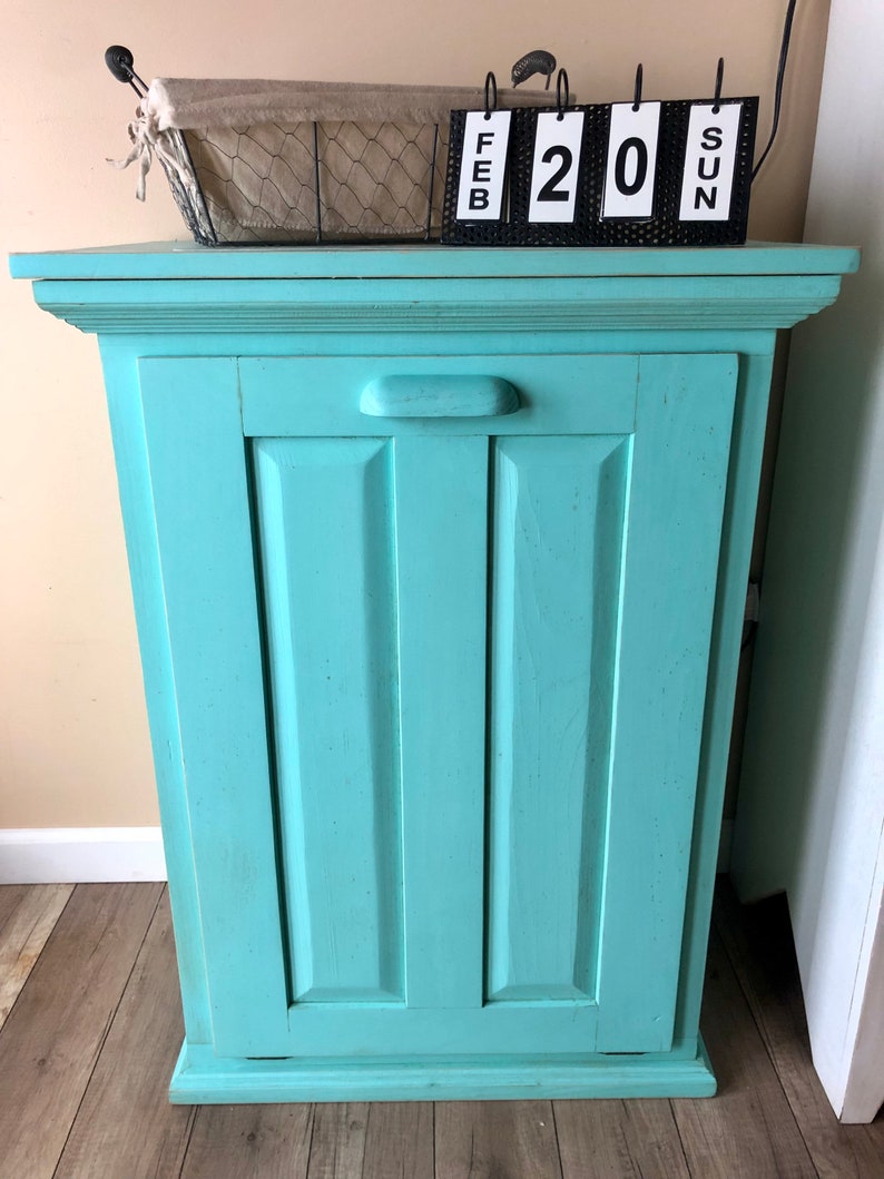 Primitive Trash Bin / Tilt Out / Raised Panel Door Turquoise Distressed