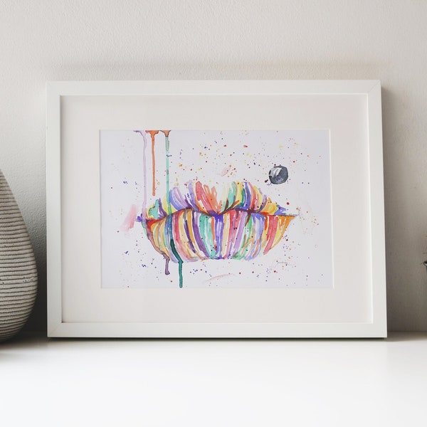 Rainbow Lips original Watercolor Painting, Lips illustration, Woman Lip Piercing Poster, Color drip art, Dripping water colors, Colorful lip