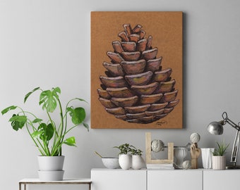 Pintura de técnica mixta original de piña, ilustración de la naturaleza, cartel de artesanía única, boceto de semilla de árbol, marrón, mástil imprimible, arte Boho