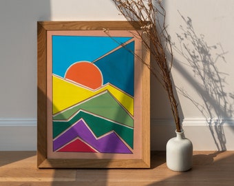 Solnedgång med titeln original gouachemålning, solnedgångsaffisch, geometrisk solnedgångskonst, minimalistisk solnedgångsmålning, bohemisk väggkonst, idé för anteckningskort