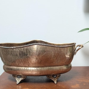 Vintage Hammered Brass Jardinière Planter Footed Oval Brass Cachepot with Rope Trim  Mid-Century Boho Decor
