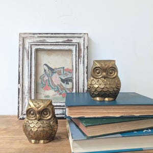 Vintage Brass Owl Figurines Pair Small Brass Bookend Toppers Mid Century Decor Animal Sculpture Paperweight
