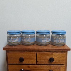 Vintage white geese Canisters Set of 4 1980s Glass Jars with Blue Enamel Lids Cottagecore Farmhouse Kitchen Storage Decor blue goose jar