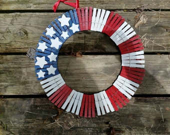 All-American Clothespin Wreath, Red, White, and Blue, USA, Spirit, Flag, Hand Painted Wooden Clothespins, White Stars, Ribbon Hanger