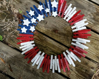 All-American Clothespin Wreath, Red, White, and Blue, USA, Spirit, Flag, Hand Painted Wooden Clothespins, White Stars, Ribbon Hanger