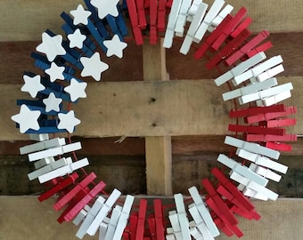 All-American Clothespin Wreath, Patriotic, Red, White, and Blue, USA, Spirit, Flag,Hand Painted Wooden Clothespins,White Stars,Ribbon Hanger