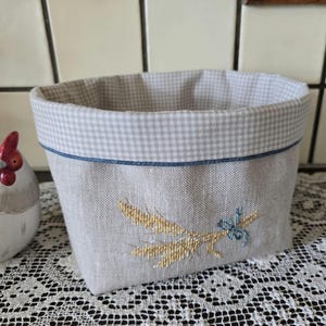 Handmade fabric basket for serving bread, buns or biscuits, Linen bread basket decorated with cross stitching