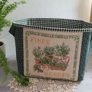 Fabric box "Herbs", fabric bin with hand embroidery, cross stitched box, textile basket for storage