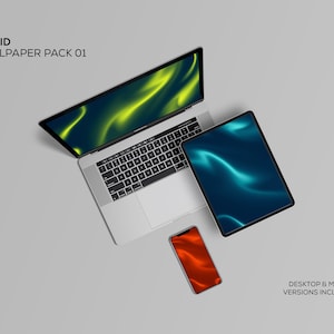 May include: A mockup of a laptop, tablet, and smartphone displaying abstract liquid-like wallpapers in green, blue, and orange. The text "LIQUID WALLPAPER PACK 01" and "DESKTOP & MOBILE VERSIONS INCLUDED" is visible.