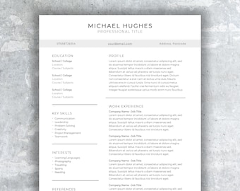 May include: A professional resume template with a clean, minimalist design. The document features sections for education, profile, work experience, key skills, interests, and references. The text is in a classic serif font, with a header that includes a name, professional title, phone number, and email address.