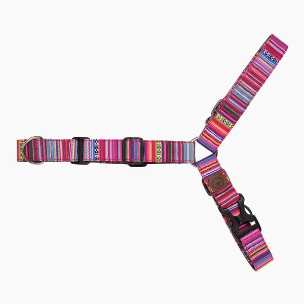 No pull Dog harness Ixmukane Model pink and multicolor strippes, aztec, chest harness, perfect for the ride, Handmade AdoraBarcelona.