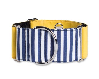 Martingale greyhound collar optional leash Portofino Model Yellow white and blue stripped Metal  buckle dog collar handmade AdoraBarcelona