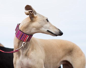 Martingale greyhound and Optional dog leash Ixmukané Aztec Multicolored stripes Metal buckle dog collar adjustable. Handmade AdoraBarcelona