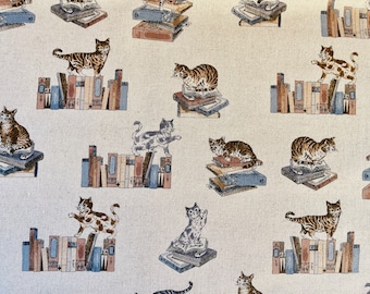 Chat - Tissu avec des chats - Chats et livres - Toile japonaise - H-7101