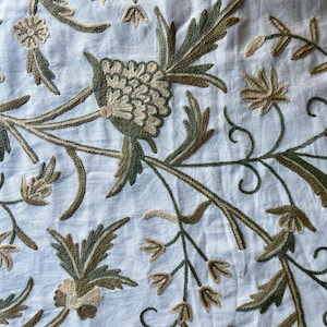 Cotton Crewel Hand Embroidered Fabric-Kashmir Crewel on White-Myth D/7 Tune