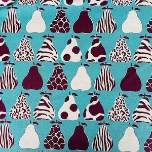 May include: A turquoise fabric with a repeating pattern of pears. The pears are in various colors and patterns, including white, brown, black, and leopard print.