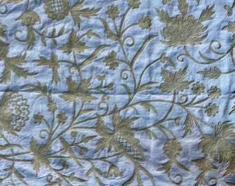 Cotton Crewel Hand Embroidered Fabric-Kashmir Crewel-Beige on White-Myth Waar Daar