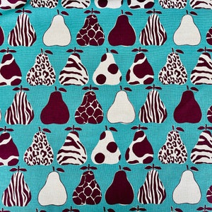 May include: Teal fabric with a repeating pattern of pears. The pears are in various designs, including leopard print, zebra print, polka dots, and solid colors. The pears are in shades of brown, white, and black.