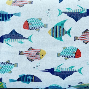 Fish - Fish Fabric - Kokka - Japanese Fabric - Lightweight Canvas - Blue - Orange - Purple