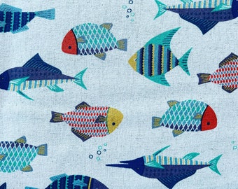 Poisson - Tissu poisson - Kokka - Tissu japonais - Toile légère - Bleu - Orange - Violet