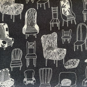 May include: A black and white fabric with a repeating pattern of chairs. The chairs are drawn in a simple, stylized way and have different shapes and sizes. Some chairs have a floral pattern.