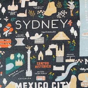 Guida della città Bon Voyage, tessuto di tela non sbiancato nero, cotone Rifle Paper Co + acciaio - RP801-BK3UC