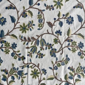 Cotton Crewel Hand Embroidered Fabric-Kashmir Crewel on White-Blue Work