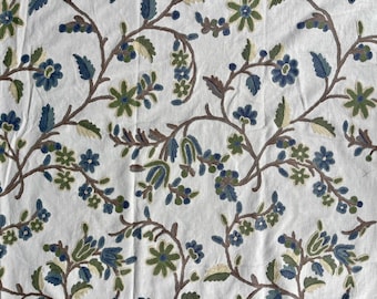 Cotton Crewel Hand Embroidered Fabric-Kashmir Crewel on White-Blue Work