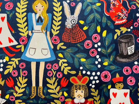 Rifle Paper Co. Alice in Wonderland Fabric: Navy Blue Cotton Linen Canvas with Gold