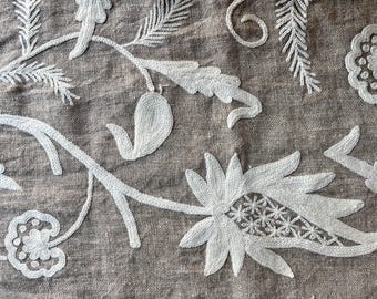 Linen Crewel Hand Embroidered Fabric-Kashmir Crewel-White on Linen-Myth 766