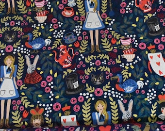 Wonderland - Rifle Paper Co- Alice in Wonderland - Navy Blue Cotton Linen Canvas - Cotton + Steel
