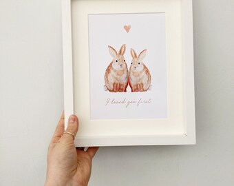 Watercolour Bunny Couple Print / Bunny Print / Valentines / I loved you First / FRAMED PRINT