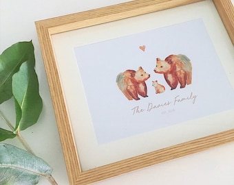 Watercolour Print Bear Family / Family Bear Portrait / Bear Family Print / FRAMED PRINT