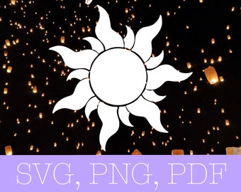 May include: White silhouette of the sun with a swirling design, against a black background with many small, yellow, glowing lanterns.