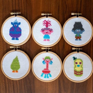 Trolls Cross Stitch Patterns - 6 Different Characters! Poppy, Branch, Biggie, Cooper, Mr Dinkles, Fuzzbert